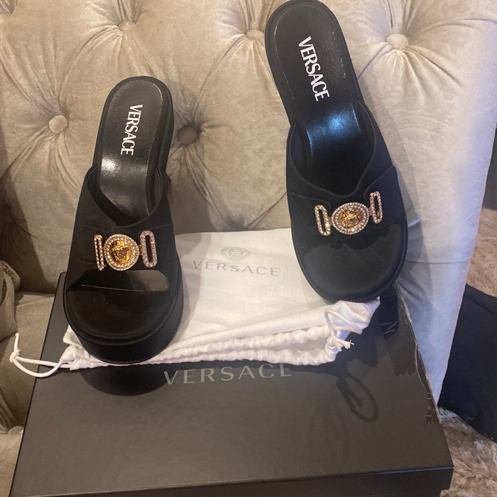 Versace black satin Medusa Biggie Crystal Mules with box and dust bag.